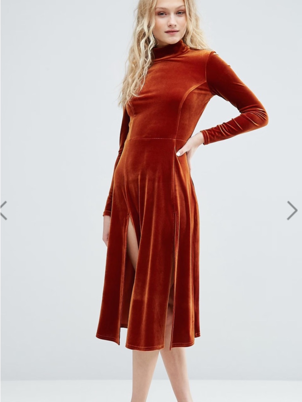 ASOS Rust Velvet Long-Sleeve Midi Dress
